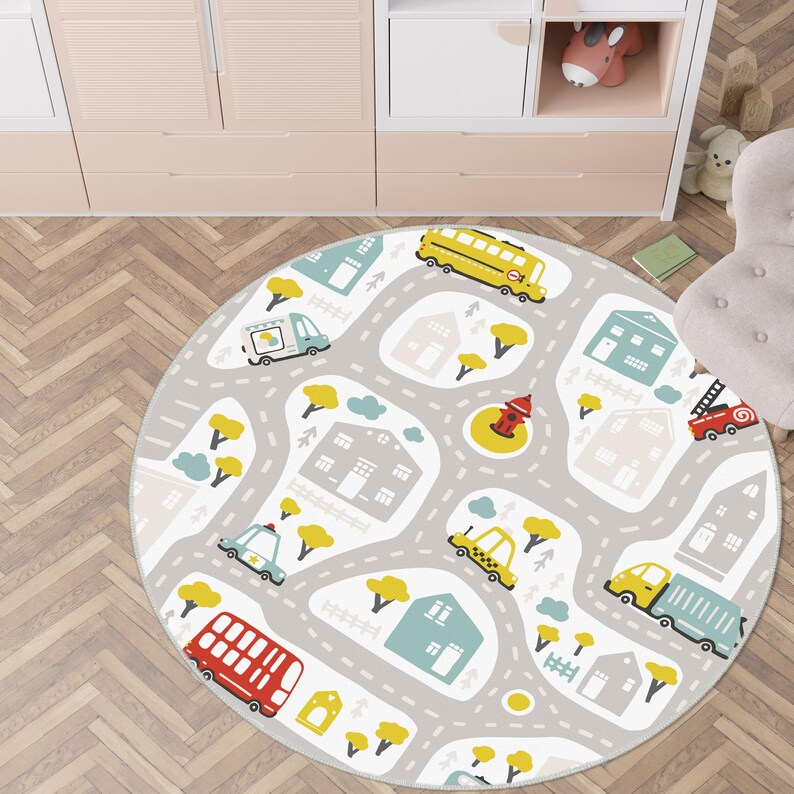 Car Road Kids Carpet, Non-slip Kids Rug, Nursery Rug, Yellow Bus Fire ...