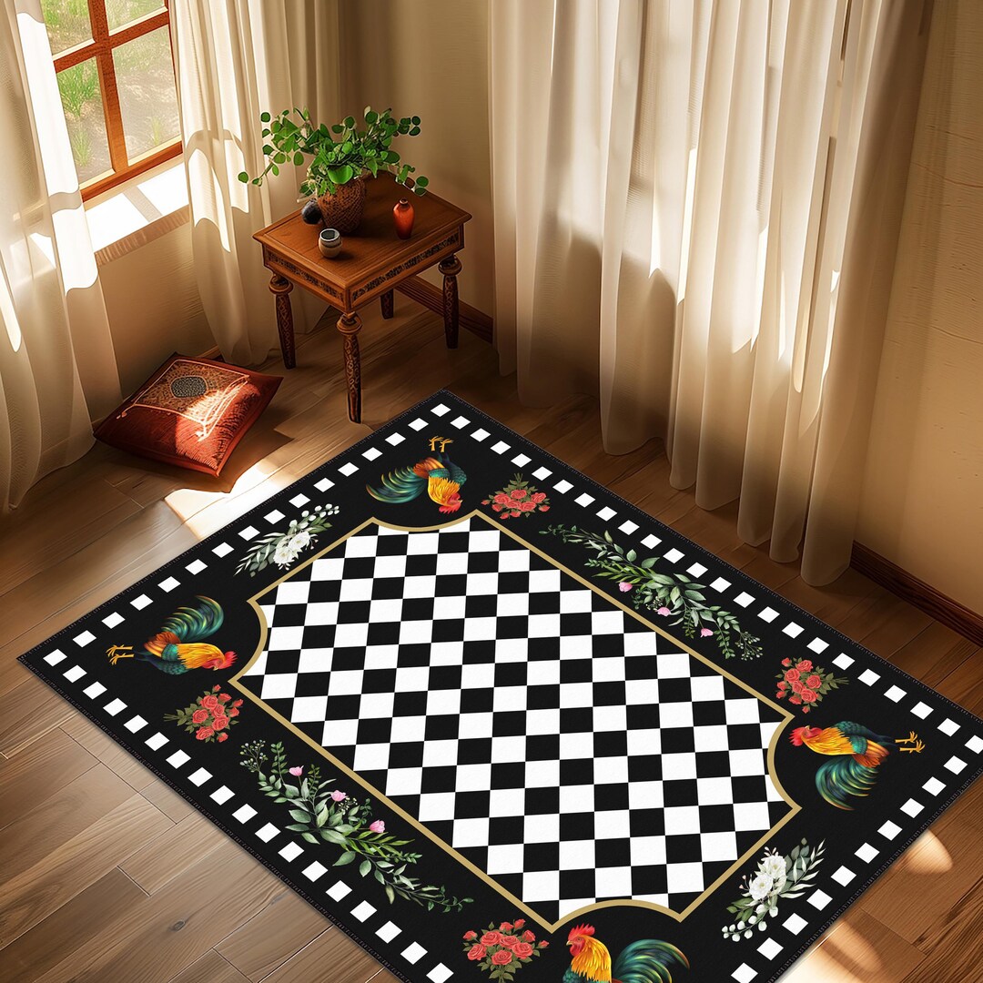 Checkered Area Rug, Black Hen Way Rug, Rooster Non-slip Rug, Rustic ...