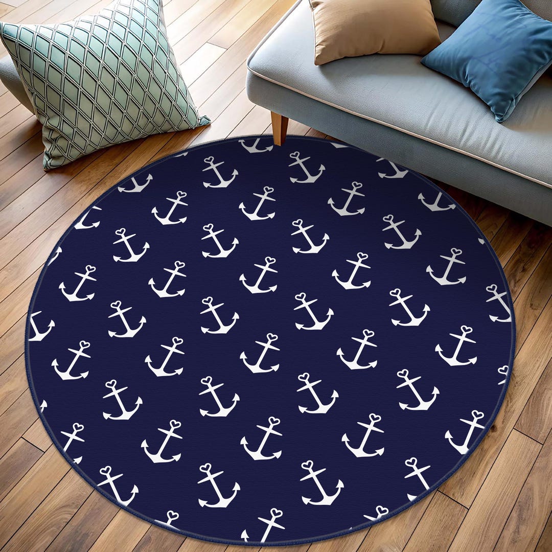 Nautical Anchor Round Area Rug, Anchor Patterned Boat Rug, White Anchor ...
