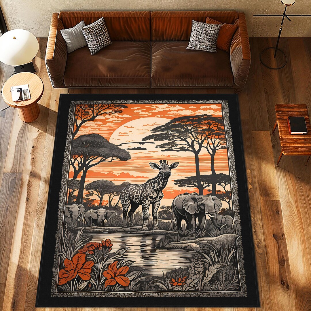 Safari Patterned Living Room Rug, African Wildlife Carpet, Ethnic ...