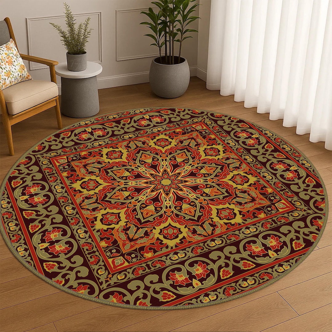 Flower Leafy Rug, Red Green Mandala Pattern Round Living Area Rug ...