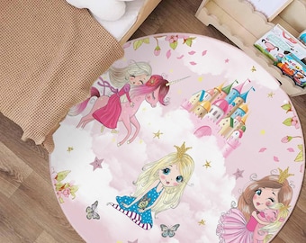 Princess Kids Room Carpet, Unicorn Rug, Fairytale Kids Carpet, Pink Girl's Room Rug, Washable Non-Slip Soft Magical Castle Nursery Carpet