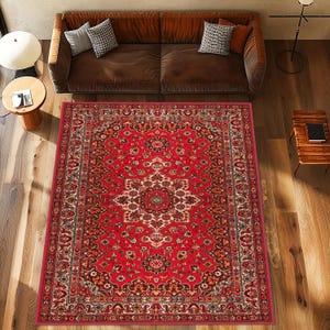 May include: A red, cream and brown patterned area rug with a floral design. The rug has a traditional Persian style.