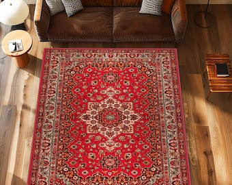 Red Vintage Patterned Rug, Traditional Red Oriental Rug, Classic Persian Style Carpet, Living Room Floor Mat, Vintage Floral Pattern Carpet