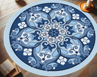 Mandala Circle Rug, Tile Pattern Round Carpet, Rugs for Living Room, Blue Round Area Rug, Traditional Carpet, Blue Carpet, Floral Blue Rug