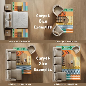 May include: A top-down view showing four carpet size examples with geometric patterns in orange, teal, yellow, and blue. The text reads Carpet Size Examples with dimensions 2.6x4.9 ft, 3.9x5.7 ft, 5.2x7.5 ft, and 6.5x9.8 ft alongside furniture layouts.