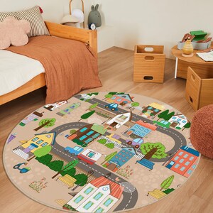 Tapis de jeu coloré pour enfants en ville - Voitures, maisons, arbres - Tapis pour enfants - Tapis de jeu éducatif pour enfants - Tapis de salle de jeu pour voiture - Cadeau