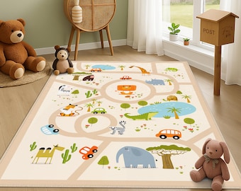 Non-Slip Road Animals Kids Carpet, Animals Kids Rug, Colorful Animal Themed Kids Rug, Jungle Animals Fun Safari Path Playroom Mat,Forest Rug