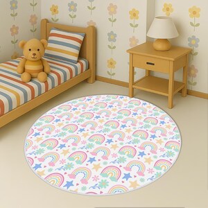 Rainbow Floral Kids Carpet, Baby Rug, Boho Baby Rug, Colorful Rainbow and Star Kids Round Rug, Cute Pastel Flowers Clouds Design Kids Carpet