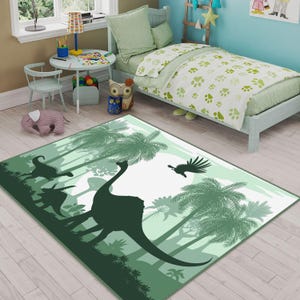 Dinosaurs Themed Washable Kid's Room Rug,Forest Road Nursery Play Mat,Beige And Green Kids Carpet,Green Dino Kids Rug,Best Jurassic Kids Rug