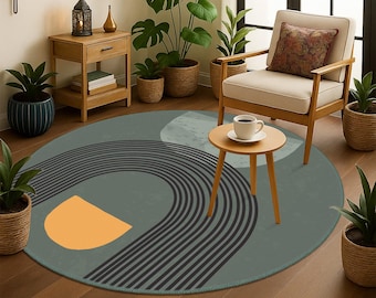 Geometrisch cirkeltapijt, onedraw-vloermat, modern abstract cirkeltapijt, geometrische lijnen gedempte tinten tapijt, boho-stijl rond tapijt