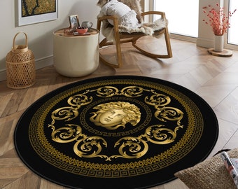 Greek Pattern Rug, Medusa Pattern Rug, Medusa Rug, Living Room Rug, Roman Meander Pattern, Round Rugs, Gold Rug, Black Rug, Medusa Black Rug