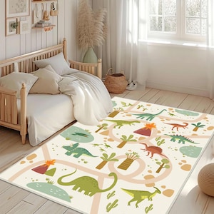 Dinosaurs Themed Kid's Room Rug, Forest Road Nursery Rug, Green Kids Carpet, Best Jurassic Kids Rug, Dino Baby Rug, Dino Rug,Custom Gift Rug