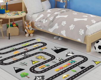 Safari Animals Kids Rug,Road Playground Carpet,Nursery Kids Rug,Animals Patterned Kids Rug,Road Car Train Rug,Road Pattern Rug,Gray Kids Rug