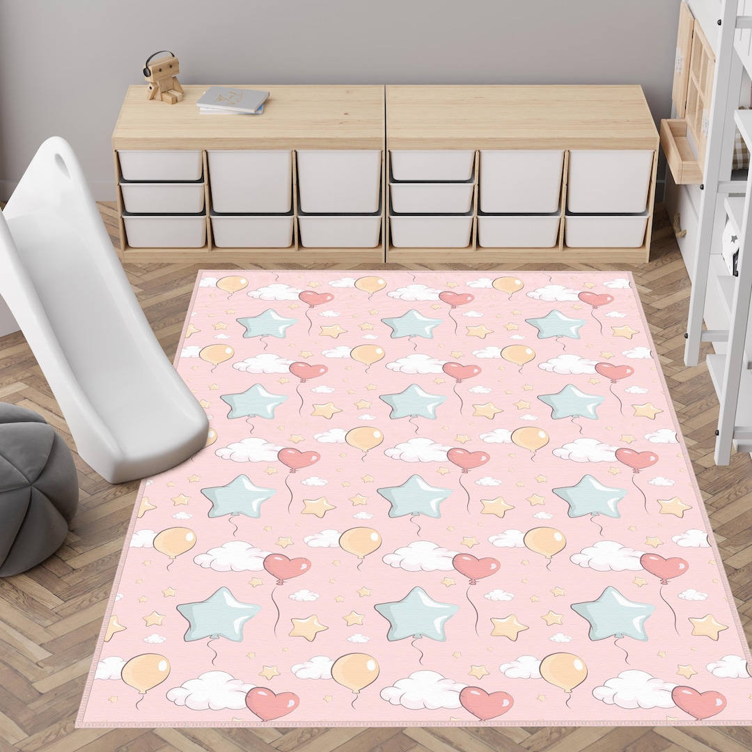 Heart Rug Kids Heart Pattern Kids Rug, Pink Heart Starry Kids Rug, Pink Baby Room Rug ...