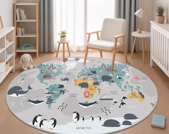 May include: A large circular area rug featuring a world map illustration in shades of gray, blue, and yellow. The map displays various animals, ships, and hot air balloons across the continents and oceans, with the text Antarctica visible.