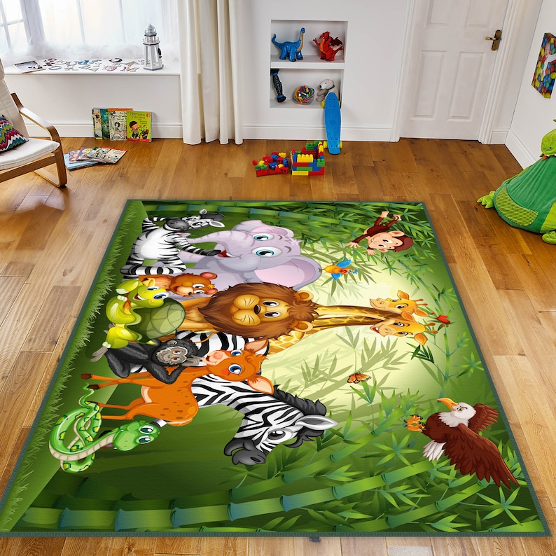 May include: A green jungle-themed rug with a variety of cartoon animals, including a zebra, elephant, lion, giraffe, monkey, snake, turtle, deer, and eagle. The rug is surrounded by bamboo stalks.