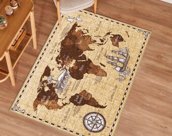 May include: A rectangular area rug featuring a world map design. The rug has a tan background with brown continents, a compass rose, and a sailing ship illustration. The rug is bordered with a decorative edge.