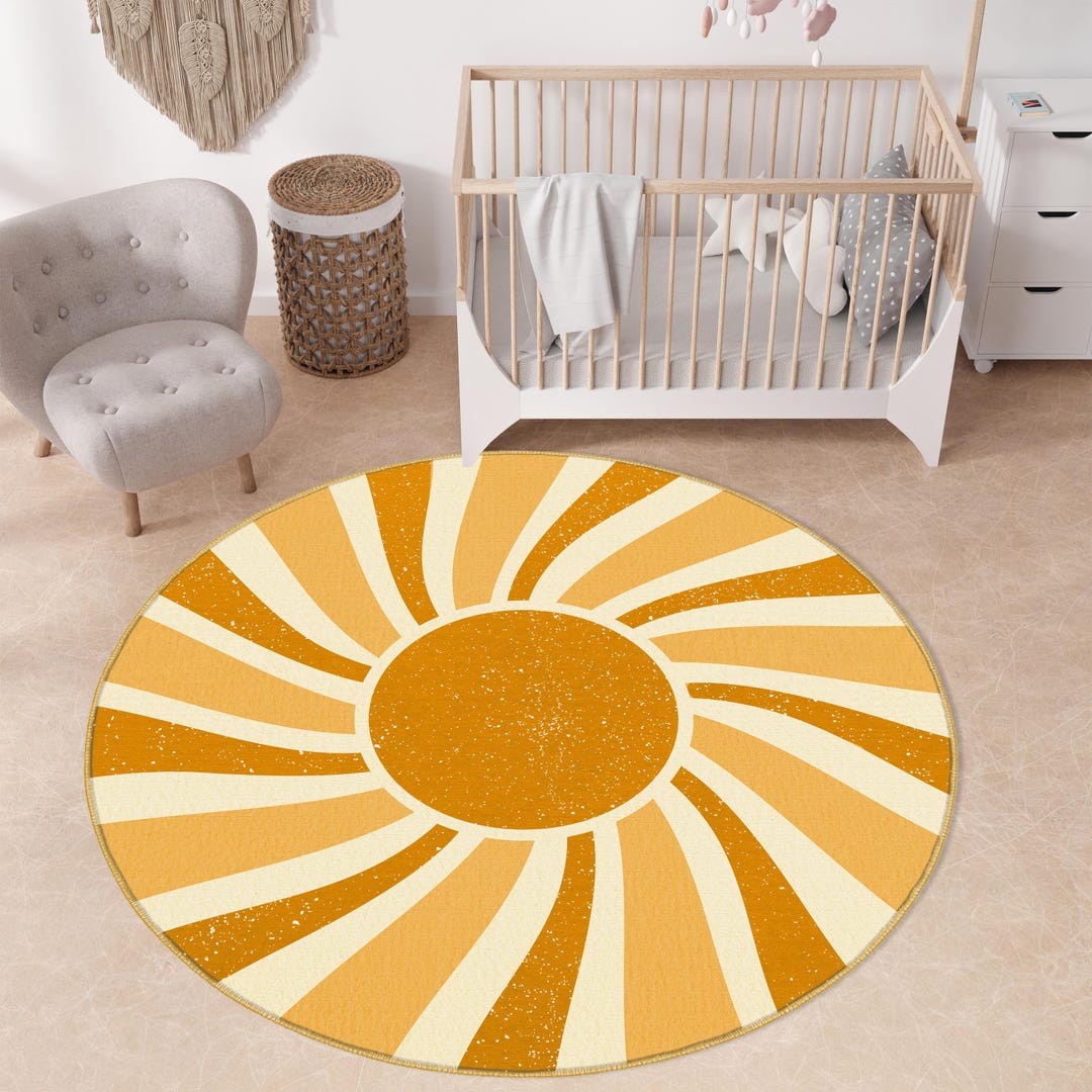 Sunshine Rug Neutral Sunburst Nursery Rug, Boho Non-slip Baby Carpet, Yellow Sun ...