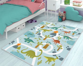 Tapis Dinosaur World pour chambre d'enfants, Tapis antidérapants pour chambre d'enfants, Tapis Land Of Dinosaur, Tapis de jeu Jurassic, Tapis rampant Trex, Tapis de salle de jeux