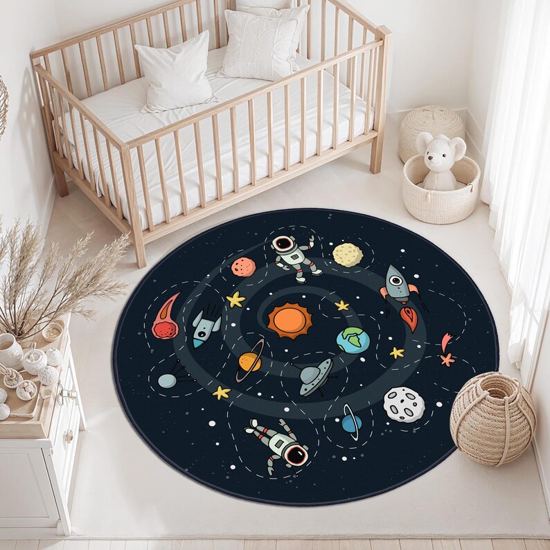 Rocket Circular Rug Adventurer Astronaut Kids Carpet, Round Space Rug, Kids Room Carpet ...