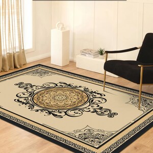 Tappeto con motivo mandala, tappeto con motivo a medaglione vintage, tappeto con design mandala, elegante tappeto beige mandala, tappeto con design floreale orientale,