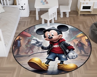 Mickey Mouse Rug, Kids Room Rug, Nursery Rug, Game Mat, Cool Mickey Mouse Street Style Round Rug, Mickey Mouse Desing Carpet, Baby Rug