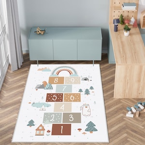 Playful Hopscotch Rug for Kids Bedroom, Soft Area Mat with Fun Rainbow Forest Design, Ideal for Toddlers Playroom and Nursery, Hopscotch Rug