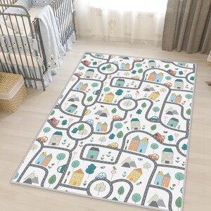 Blauer Kinderteppich, Kinderzimmerteppich mit Trolley, blauer Babyteppich, Krabbeldecke, Kinderteppich für Kinder, CşCity Road Teppich