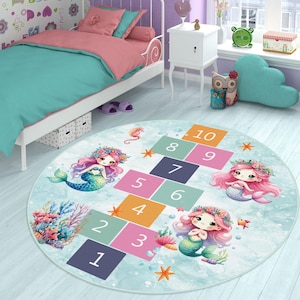 Mermaid Pink Kid&#39;s Hopscotch Rug, Washable Mermaid Kid&#39;s Rug, Non-Slip Baby Rug, Sea Themed Carpet, Hopscotch Nursery Play Mat, Baby Carpets