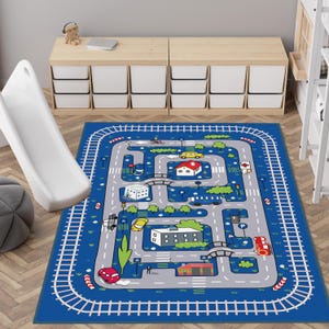 Blue Kids Rugs, Train Rail Play Mat, Kids Room Rug with Trolley, Kids Rug for Play, Blue Baby Rug, Crawling Mat, Baby Gift Rug, Trolley Rugs