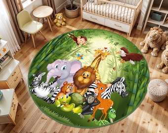 Kids Jungle Animal Rug, Cute Safari Animals Playroom Mat, Giraffe Lion Elephant Zebra Desing Kids Room Carpet, Forest Animal Lion Kids Rug