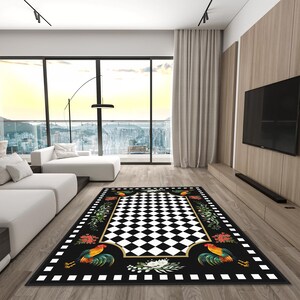 Checkered Area Rug, Black Hen Way Rug, Rooster Non-slip Rug, Rustic ...