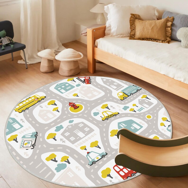 Car Road Kids Carpet, Non-slip Kids Rug, Nursery Rug, Yellow Bus Fire ...