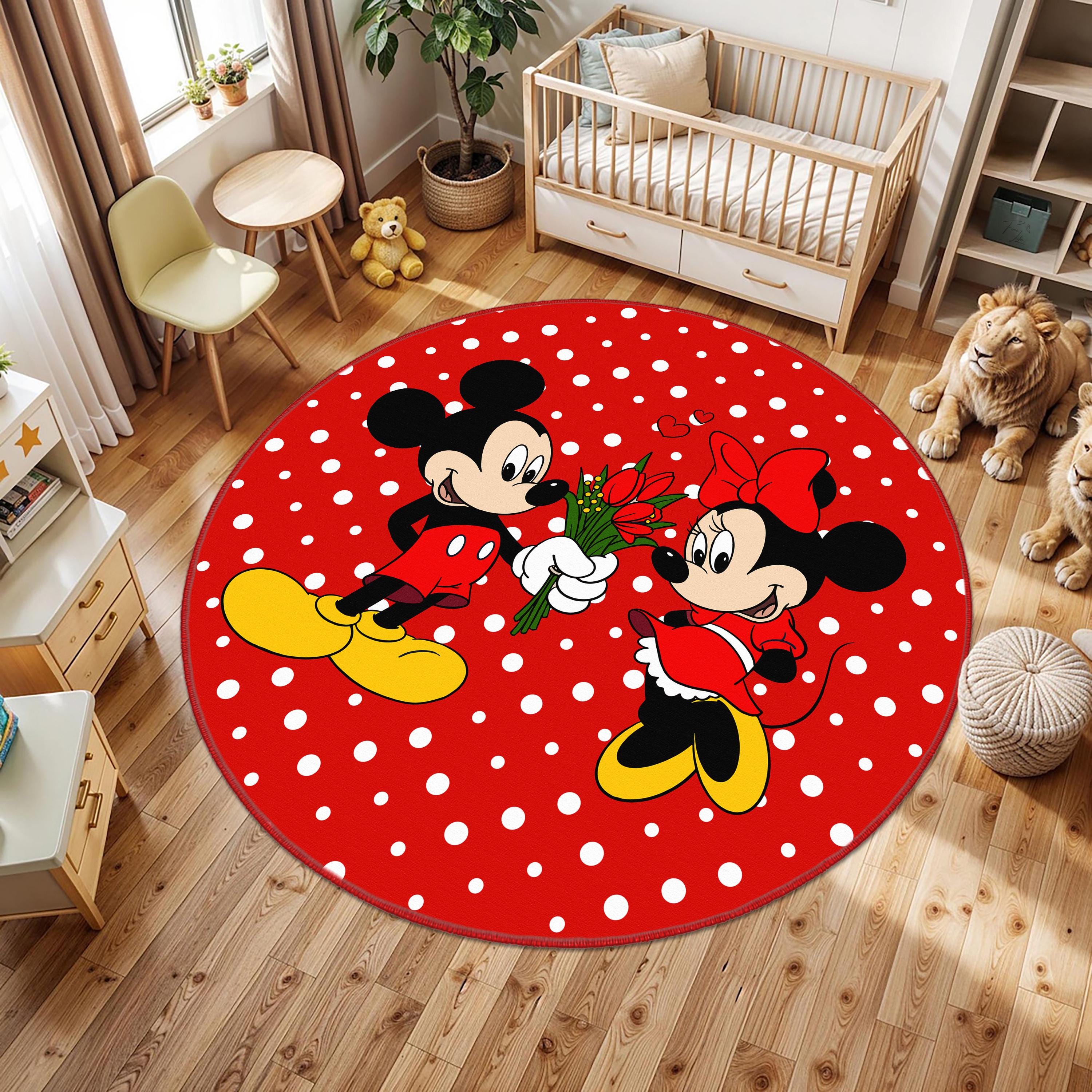 Red Mickey Mouse Rug, Red Kids Round Rug, Mickey Mouse Nursery Rug