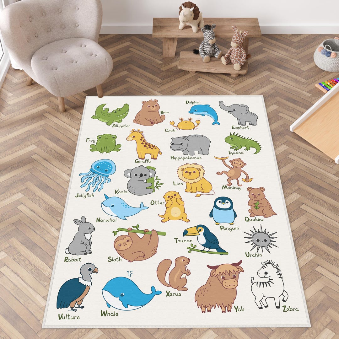 Animal Alphabet Rug, Baby Zoo Animals Carpet, Educational ABC Rug ...