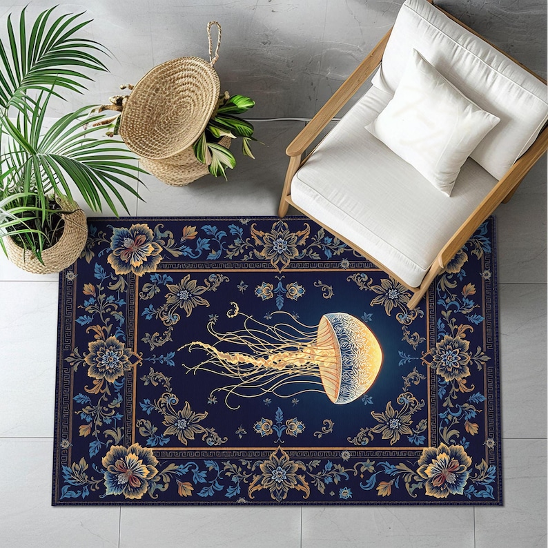 May include: A rectangular area rug featuring a dark blue background with a central golden jellyfish illustration. The rug is decorated with a detailed floral border in shades of blue, gold, and cream, incorporating intricate vine and leaf patterns.