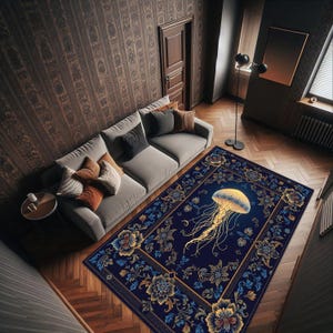 May include: A rectangular area rug featuring a deep navy blue background with a central golden jellyfish illustration, surrounded by a detailed floral border in shades of gold, blue, and orange, placed on a wooden floor in a living room setting.
