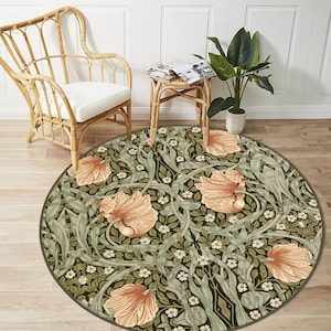 Tappeto Albero della Vita, Tappeto William Morris, Tappeto Lavabile, Arte in Stile Morris, Tappeto Cerchio con Foglie Botaniche, Tappeto con Decorazioni Floreali, Tappeto Rotondo Naturale