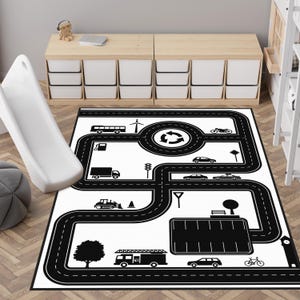 City Nursery Rug,Road Rug for Kids Room,Track Toddler Carpet,Car Non Slip Activity Rug,Town Playroom Mat,Street Daycare Mat,Black Road Rug
