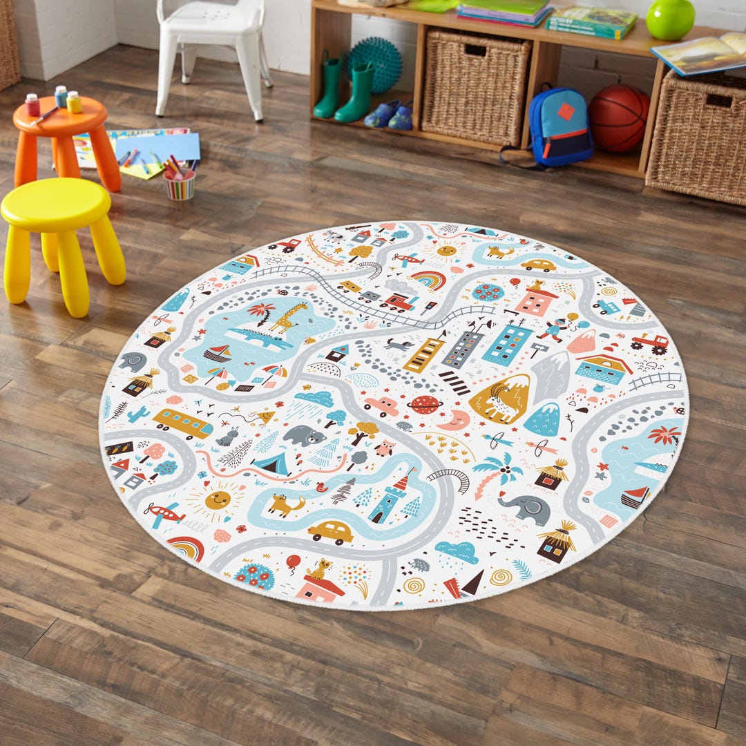 City Nursery Rug,road Playmat for Kids Room,track Toddler Round Carpet ...