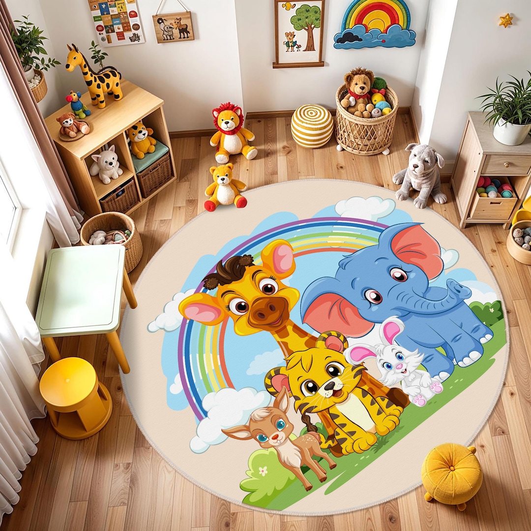 Cute Animal Friends Kids Area Rug - Giraffe, Elephant, Tiger, Deer ...