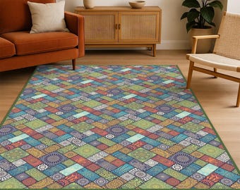 Mandala Art Rug, Patchwork Living Room Rug, Green Ethnic Tribal Rug, Mandala Carpet,Geometric Patchwork Rug, Multi Colored Boho Style Carpet