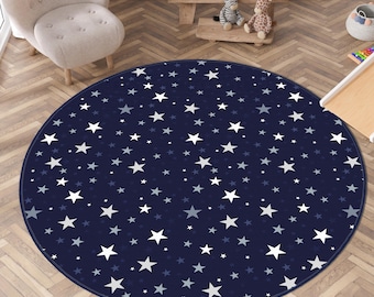 Space Themed Star Round Kids Rug, Kids Room Rug, Educational Play Mat, Space Rug, Blue Stars Design Baby Rug, Starry Night Sky Kids Room Rug