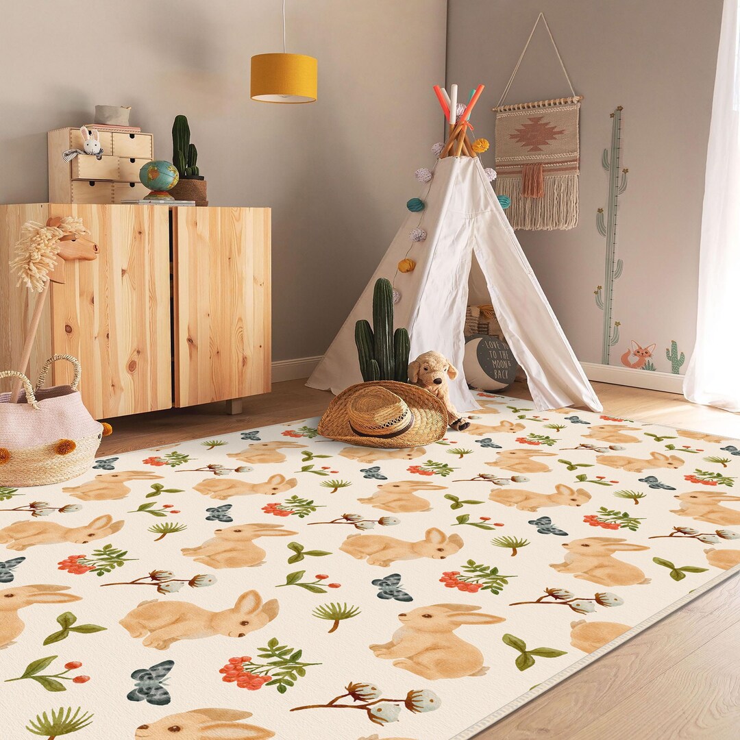 Cute Rabbit Kids Rug, Rabbit Design Kids Carpet, Bunny Easter Rug, Cute ...