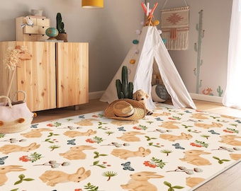 Cute Rabbit Kids Rug, Rabbit Design Kids Carpet, Bunny Easter Rug, Cute Bunny Print Kids Room Rug, Non Slip Washable Animal Kids Carpet