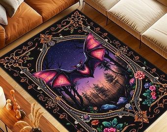 Gothic Bat Area Rug with Enchanted Forest and Floral Border Design, Fantasy Halloween Home Decor Carpet,Bat Patterned Carpet, Purple Bat Rug