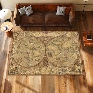 Vintage World Patterned Carpet, Brown World Map Rug, Old World Map, Retro Rug, Colorful Rug, Rugs for Living Room, Decorative Rug, World Map