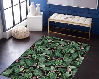 Tropical Rug,Exotic Floor Carpet,Forest Circle Rugs,Leaf Non Slip Mat,Monstera Area Rugs,Green Rug For Living Room,Pink Floral Rug, Palm Rug