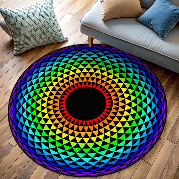 Runder Desing Teppich, Runder Regenbogen Geometrisches Muster Teppich, Bunter Mandala Kreis Teppich, Sychedelischer Moderner Bodenteppich